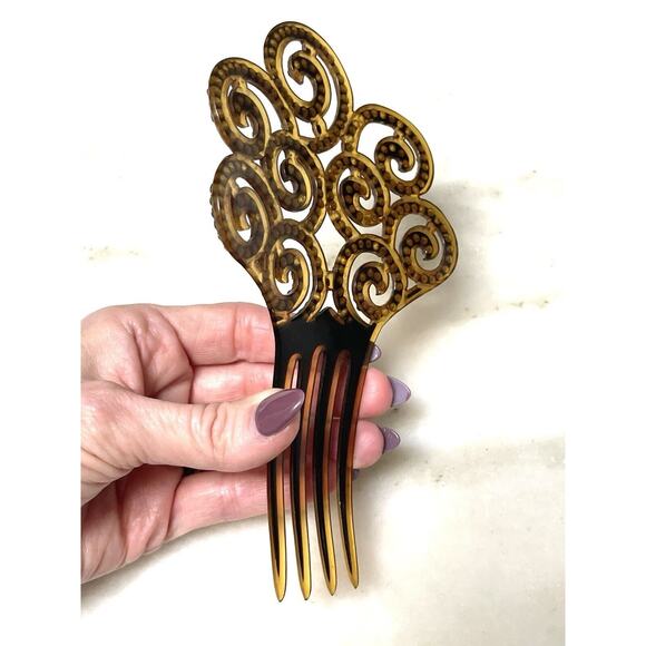 Antique Ornate Celluloid Hair Comb Green Rhinestones Art Nouveau - Picture 6 of 16
